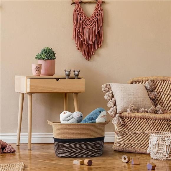 Square Cotton Rope Woven Basket with Handles for Books,Magazines,Toys-Decorative - Picture 5 of 7